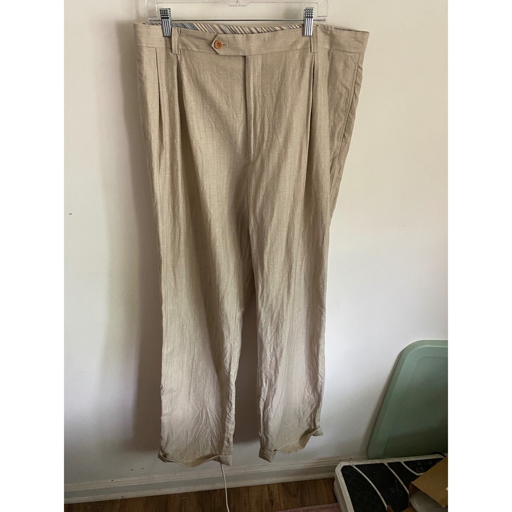 Sean John Mens Linen Herringbone Pleated Dress Pants Beige Cuffed 37x34